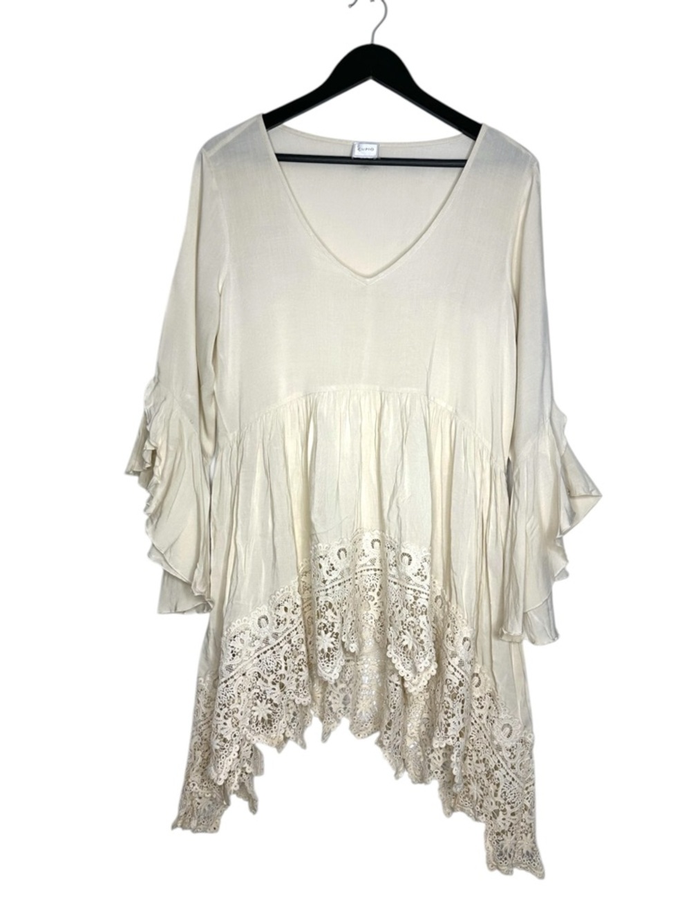 Cupio Cream Boho Lace Handkerchief Hem Bell Sleeve Tunic Top See Measurements